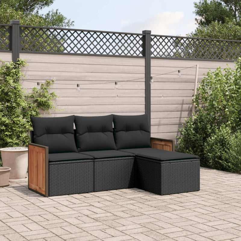 4 Piece Garden Sofa Set with Cushions Black Poly Rattan