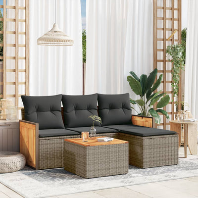 5 Piece Garden Sofa Set with Cushions Grey Poly Rattan