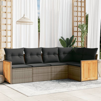 5 Piece Garden Sofa Set with Cushions Grey Poly Rattan