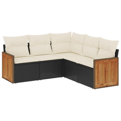 5 Piece Garden Sofa Set with Cushions Black Poly Rattan