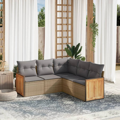 5 Piece Garden Sofa Set with Cushions Beige Poly Rattan