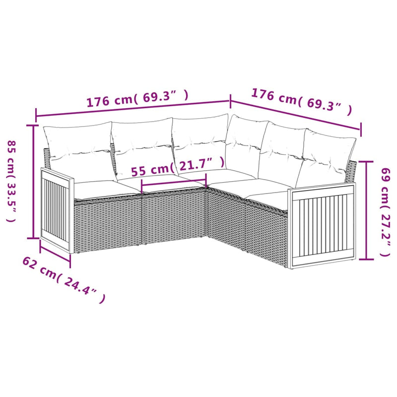 5 Piece Garden Sofa Set with Cushions Grey Poly Rattan