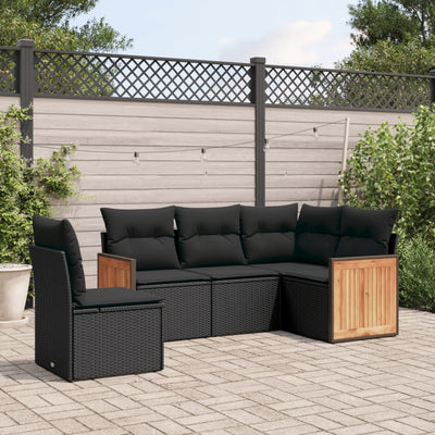 5 Piece Garden Sofa Set with Cushions Black Poly Rattan
