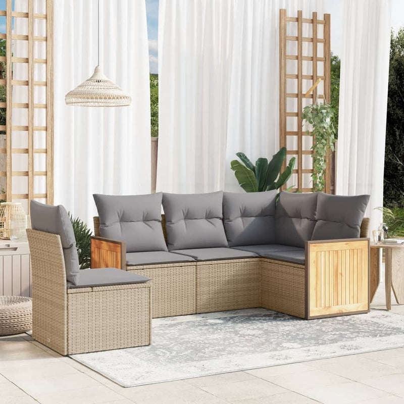 5 Piece Garden Sofa Set with Cushions Beige Poly Rattan