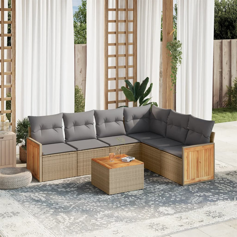 7 Piece Garden Sofa Set with Cushions Beige Poly Rattan