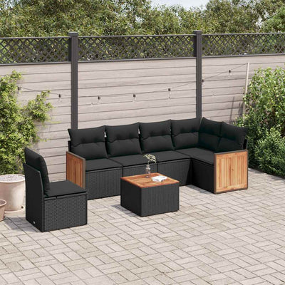 7 Piece Garden Sofa Set with Cushions Black Poly Rattan