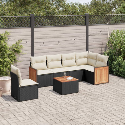 7 Piece Garden Sofa Set with Cushions Black Poly Rattan