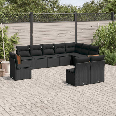 10 Piece Garden Sofa Set with Cushions Black Poly Rattan