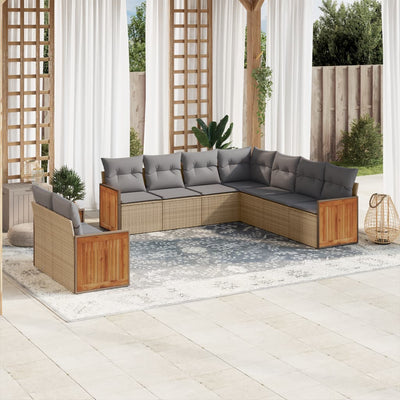 9 Piece Garden Sofa Set with Cushions Beige Poly Rattan