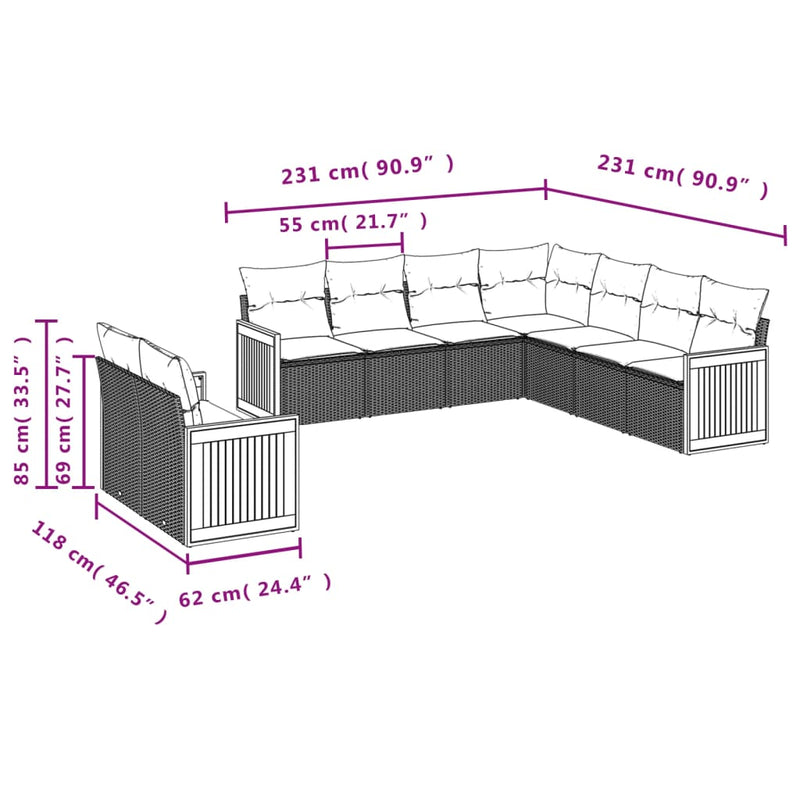 9 Piece Garden Sofa Set with Cushions Grey Poly Rattan