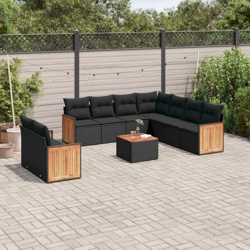 10 Piece Garden Sofa Set with Cushions Black Poly Rattan