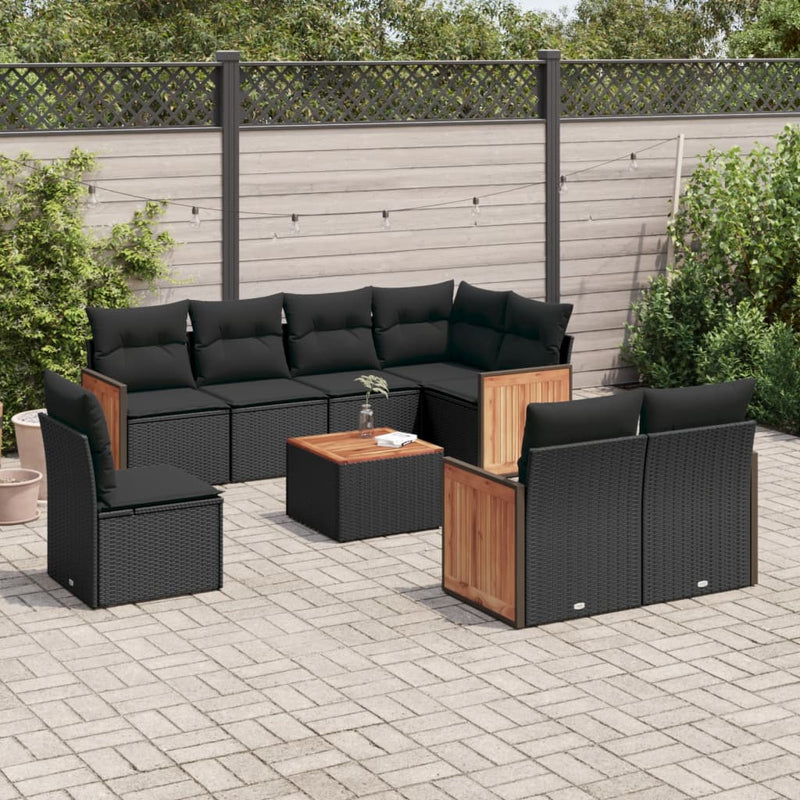 9 Piece Garden Sofa Set with Cushions Black Poly Rattan