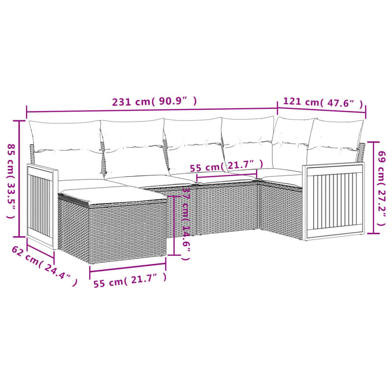 6 Piece Garden Sofa Set with Cushions Grey Poly Rattan