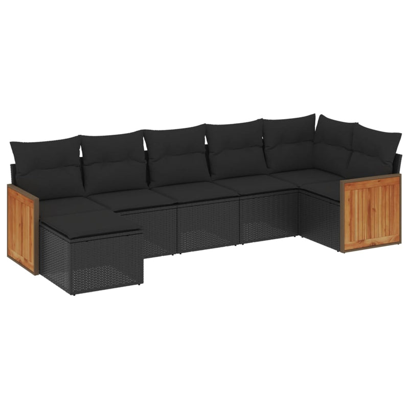 7 Piece Garden Sofa Set with Cushions Black Poly Rattan