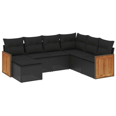 7 Piece Garden Sofa Set with Cushions Black Poly Rattan