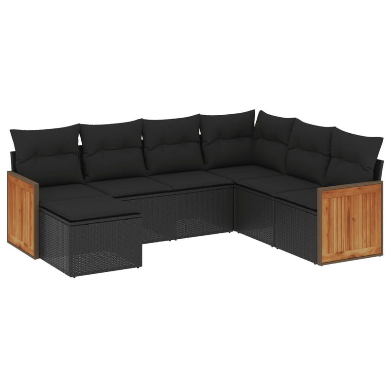 7 Piece Garden Sofa Set with Cushions Black Poly Rattan