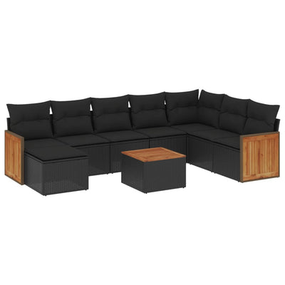 9 Piece Garden Sofa Set with Cushions Black Poly Rattan