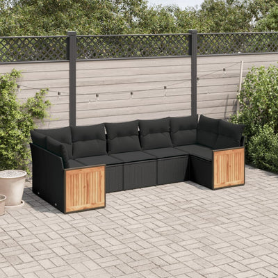 7 Piece Garden Sofa Set with Cushions Black Poly Rattan