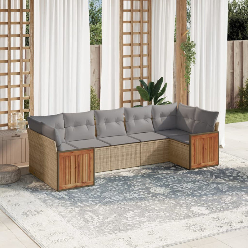 7 Piece Garden Sofa Set with Cushions Beige Poly Rattan