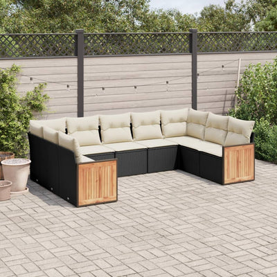 9 Piece Garden Sofa Set with Cushions Black Poly Rattan