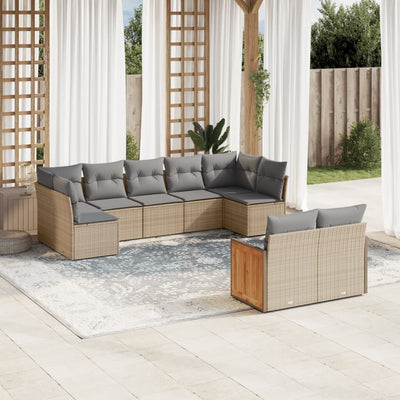 9 Piece Garden Sofa Set with Cushions Beige Poly Rattan