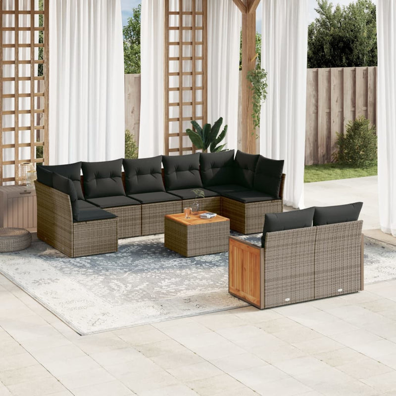 10 Piece Garden Sofa Set with Cushions Grey Poly Rattan