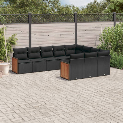 10 Piece Garden Sofa Set with Cushions Black Poly Rattan