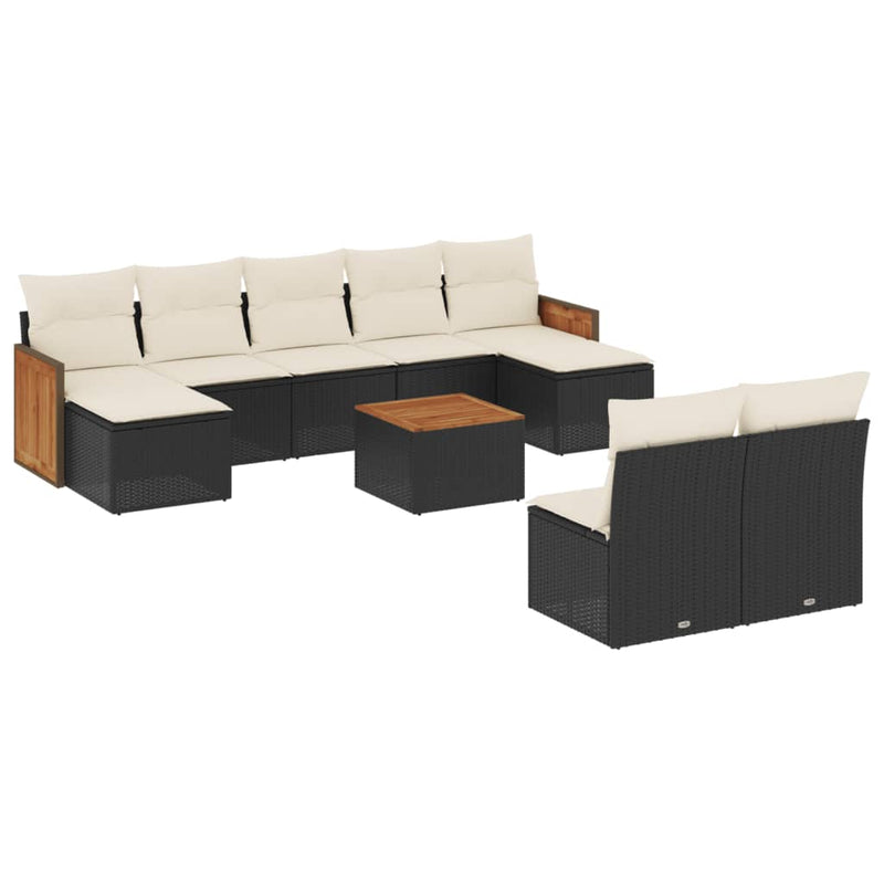 10 Piece Garden Sofa Set with Cushions Black Poly Rattan