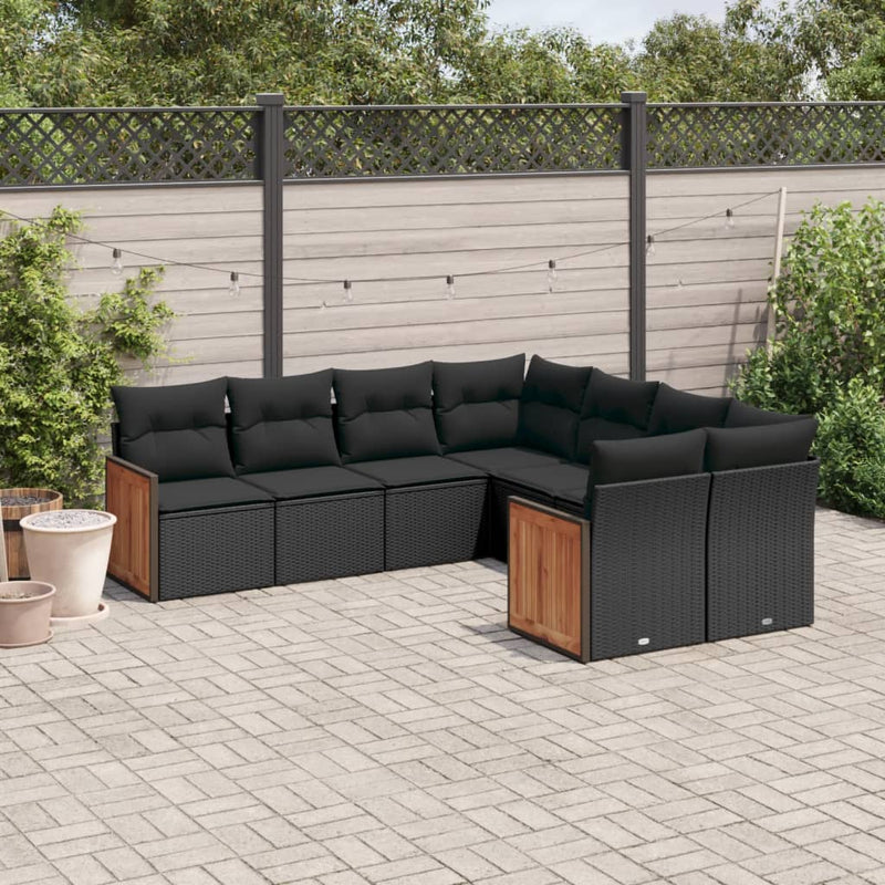 8 Piece Garden Sofa Set with Cushions Black Poly Rattan