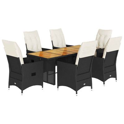 7 Piece Garden Dining Set with Cushions Black Poly Rattan