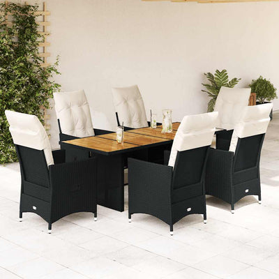 7 Piece Garden Dining Set with Cushions Black Poly Rattan