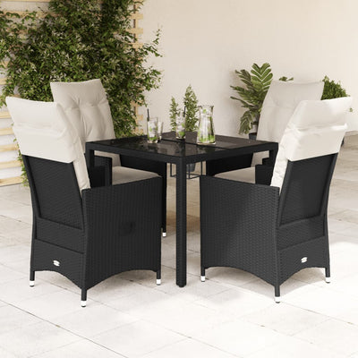 5 Piece Garden Dining Set with Cushions Black Poly Rattan