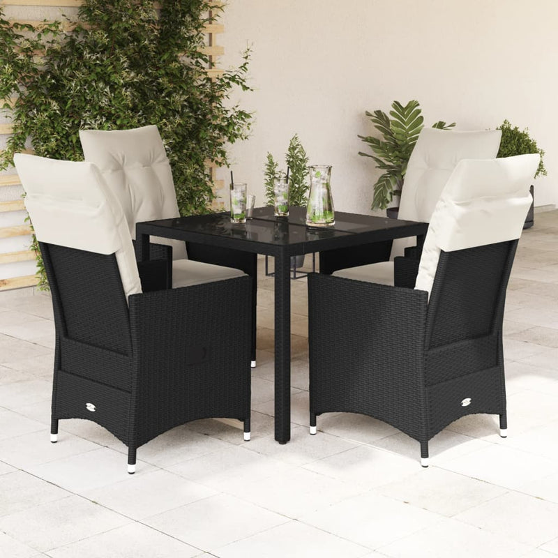 5 Piece Garden Dining Set with Cushions Black Poly Rattan