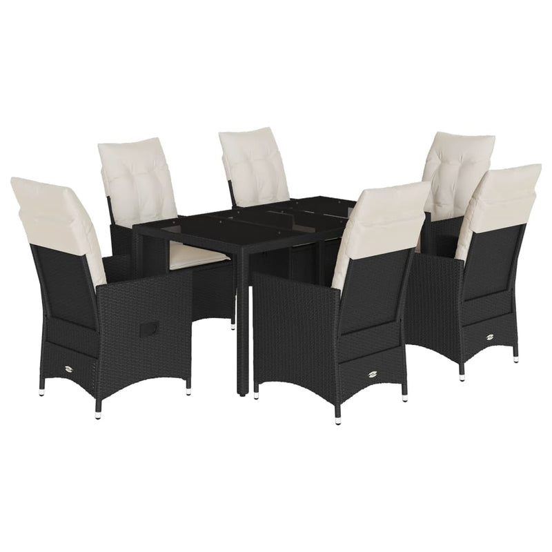 7 Piece Garden Dining Set with Cushions Black Poly Rattan