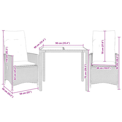 3 Piece Bistro Set with Cushions Grey Poly Rattan