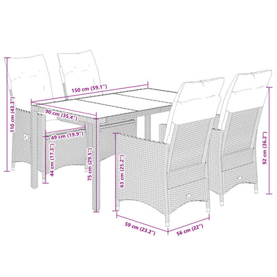 5 Piece Garden Dining Set with Cushions Grey Poly Rattan