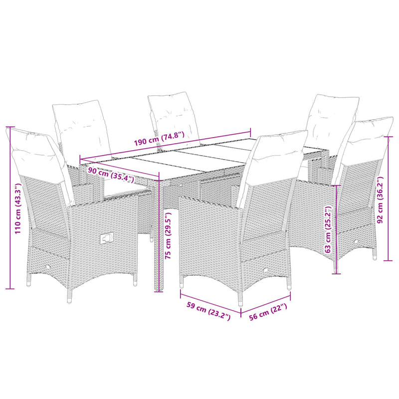 7 Piece Garden Dining Set with Cushions Grey Poly Rattan