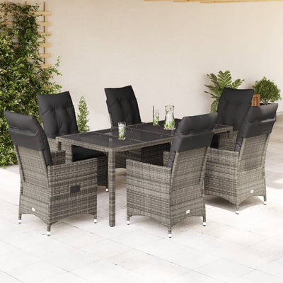 7 Piece Garden Dining Set with Cushions Grey Poly Rattan