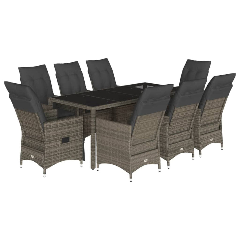 9 Piece Garden Dining Set with Cushions Grey Poly Rattan