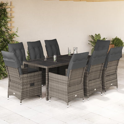 9 Piece Garden Dining Set with Cushions Grey Poly Rattan