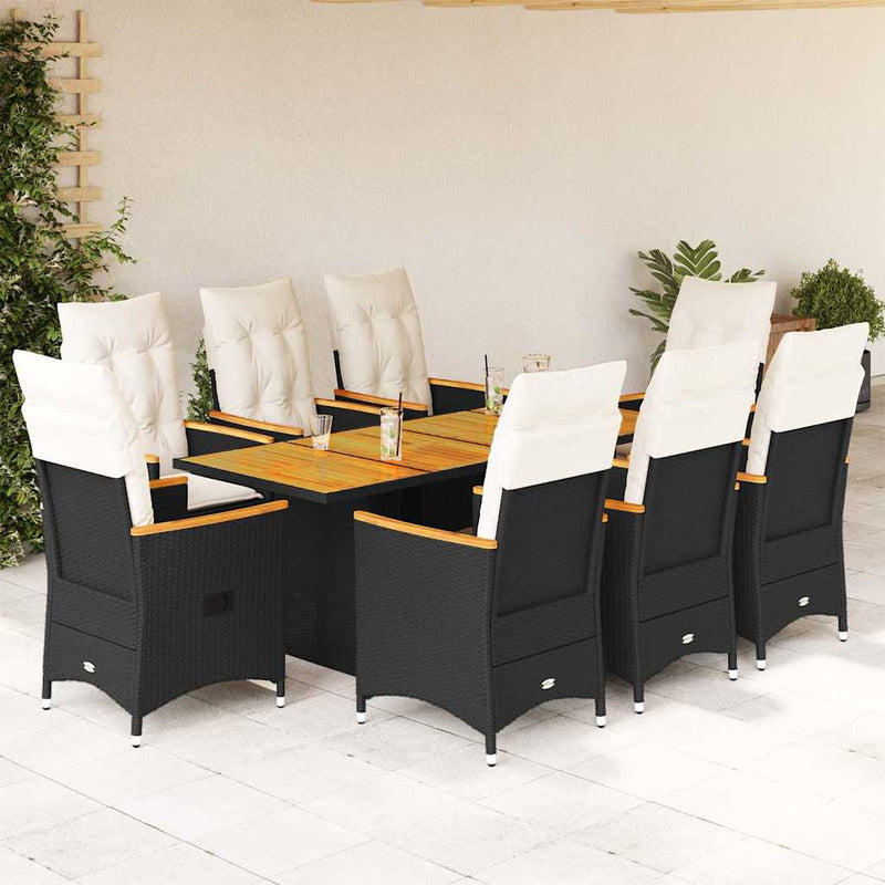 9 Piece Garden Dining Set with Cushions Black Poly Rattan