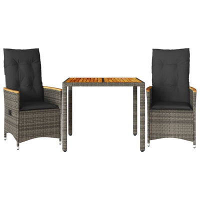 3 Piece Bistro Set with Cushions Grey Poly Rattan