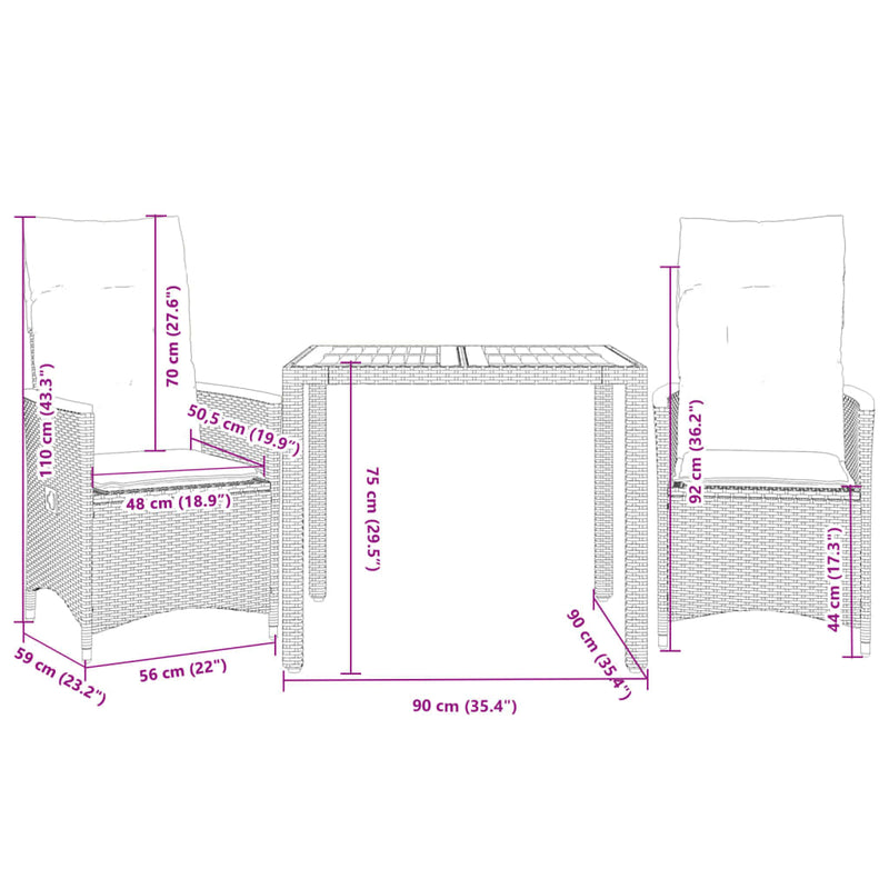 3 Piece Bistro Set with Cushions Grey Poly Rattan