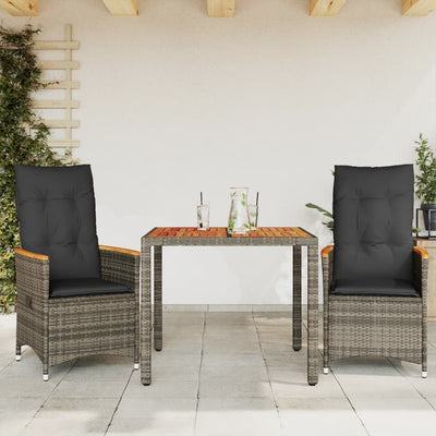 3 Piece Bistro Set with Cushions Grey Poly Rattan