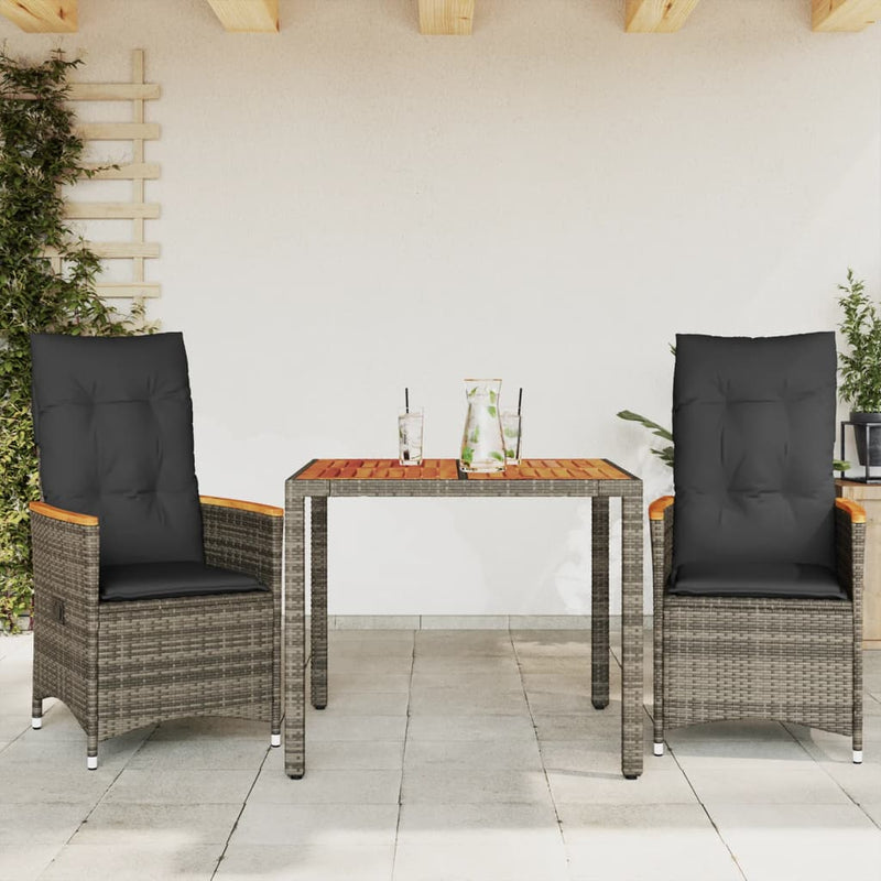 3 Piece Bistro Set with Cushions Grey Poly Rattan