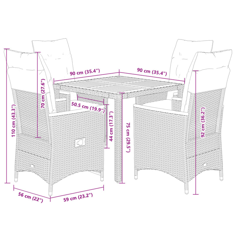 5 Piece Garden Dining Set with Cushions Grey Poly Rattan