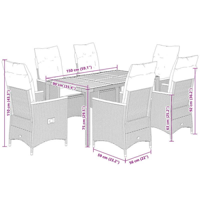 7 Piece Garden Dining Set with Cushions Grey Poly Rattan