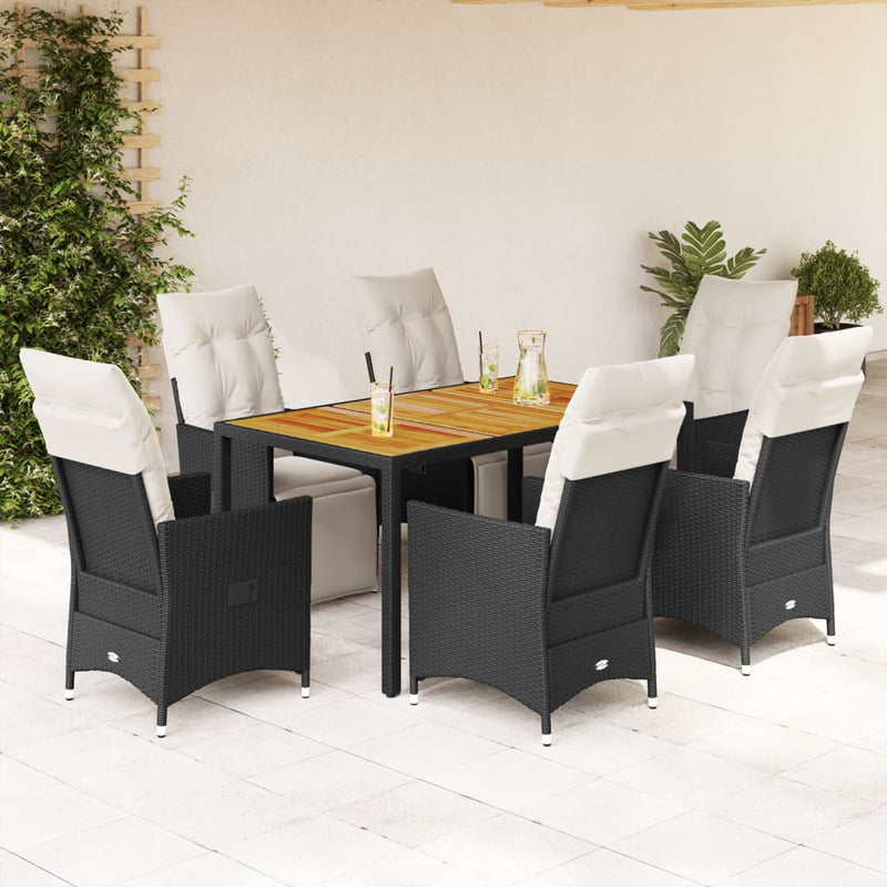 7 Piece Garden Dining Set with Cushions Black Poly Rattan