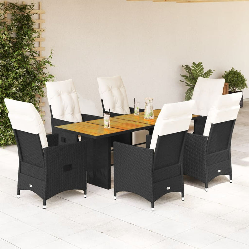 7 Piece Garden Dining Set with Cushions Black Poly Rattan