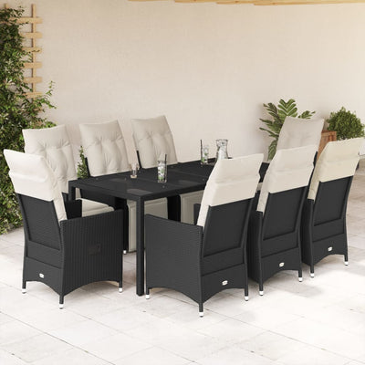 9 Piece Garden Dining Set with Cushions Black Poly Rattan